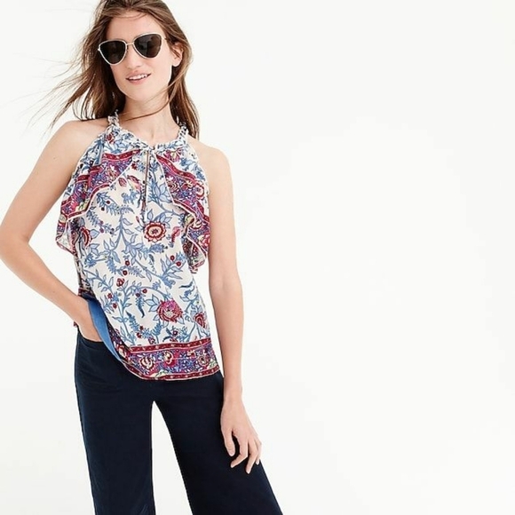 NEW Point Sur J.Crew Ruffle Block Print Tank Top 00 White Maroon Blue Blouse NWT - Picture 2 of 9